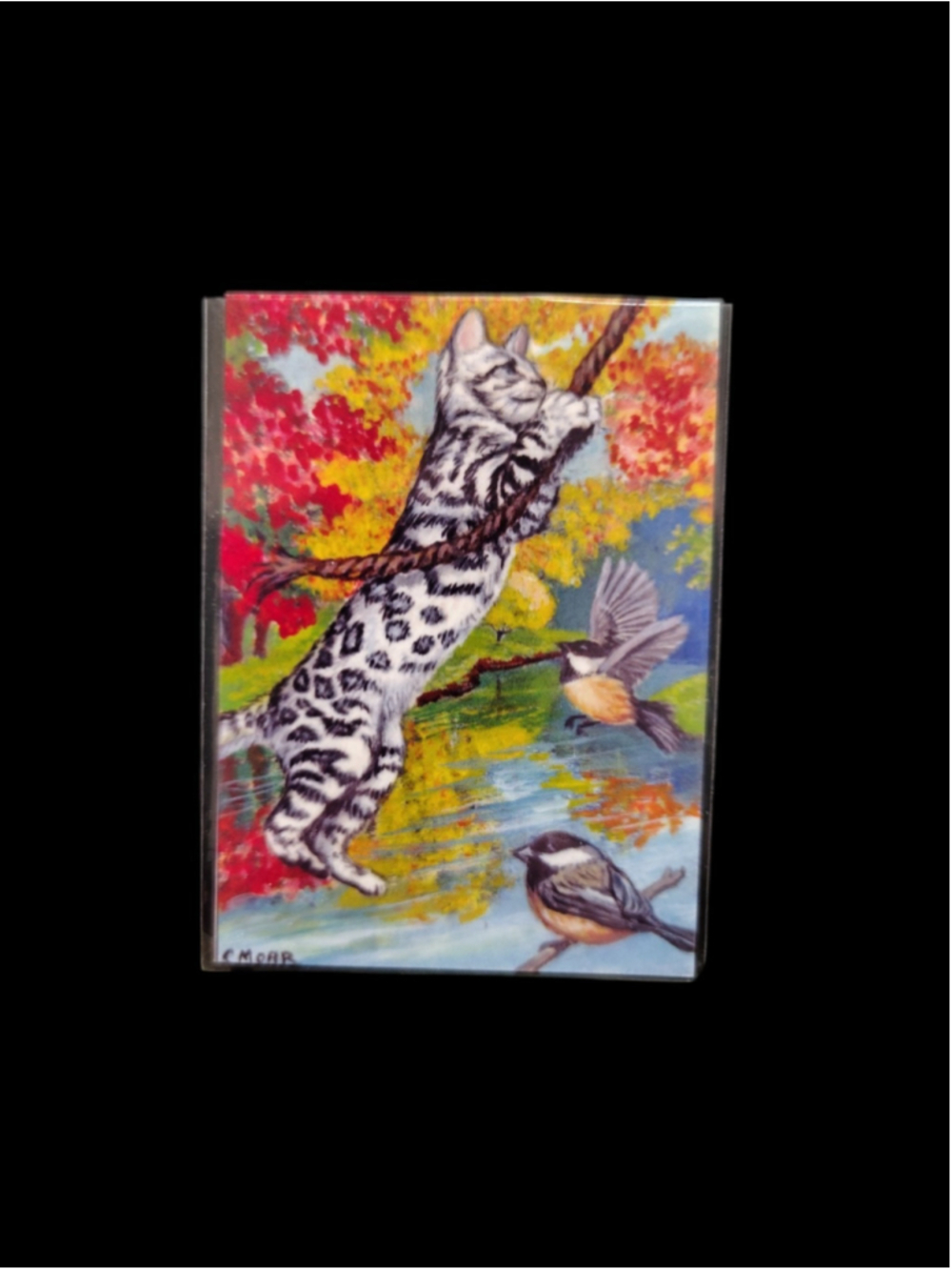 ACEO Print Bengal Cat Kitten Chickadees "Swinging Fun" signed C. Moar, Numbered